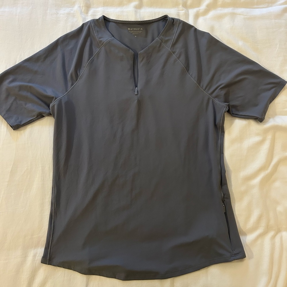 Athleta Slate Grey Short Sleeve Zip-Front Active Top